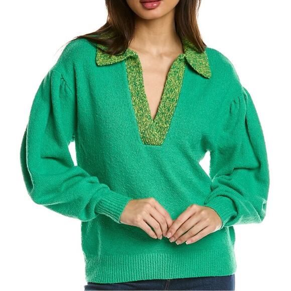 Tanya Taylor Avika Knit V-Neck Kelly Green Sweater - Picture 1 of 9